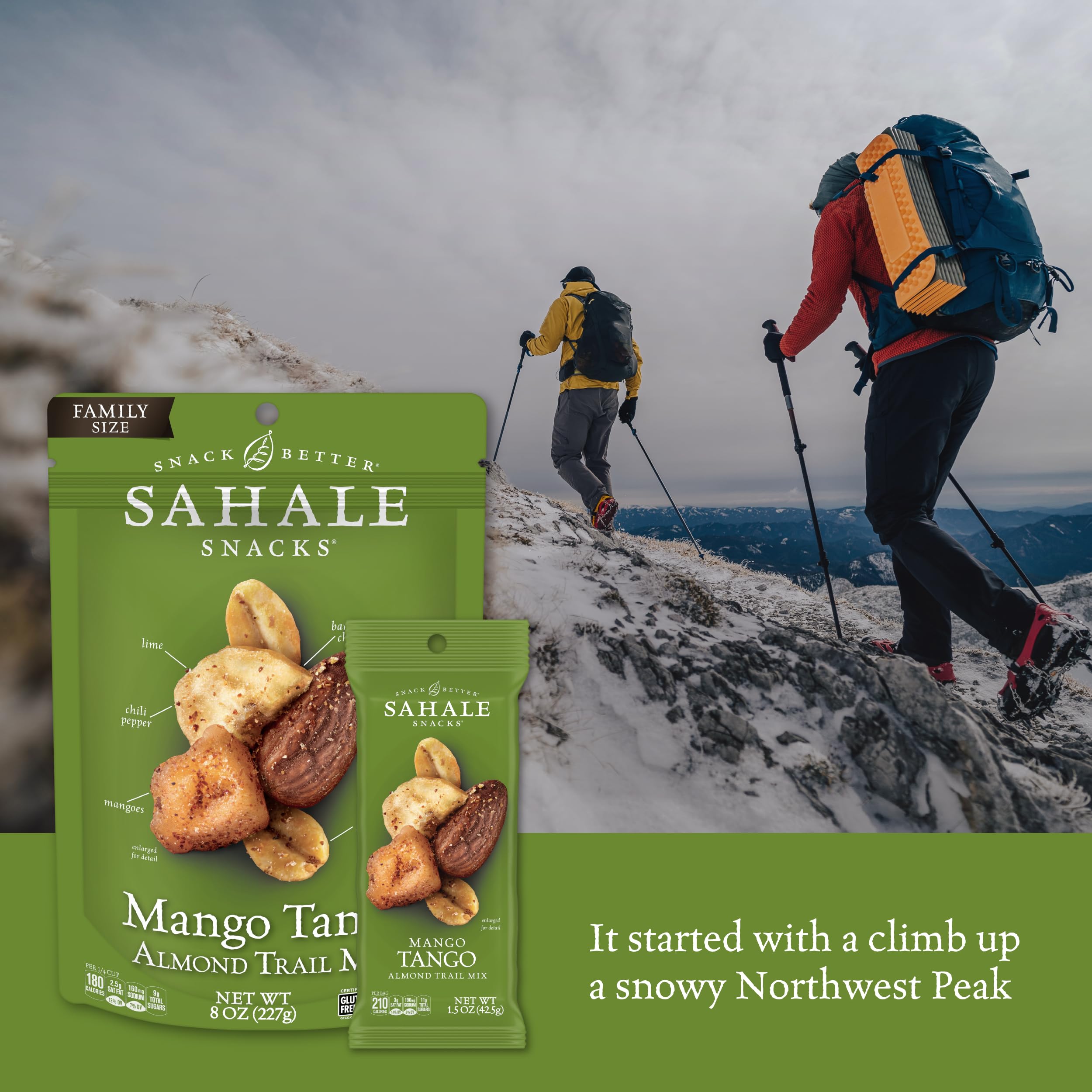 Sahale Snacks bolsa abierta con mezcla visible, práctica para comer al instante