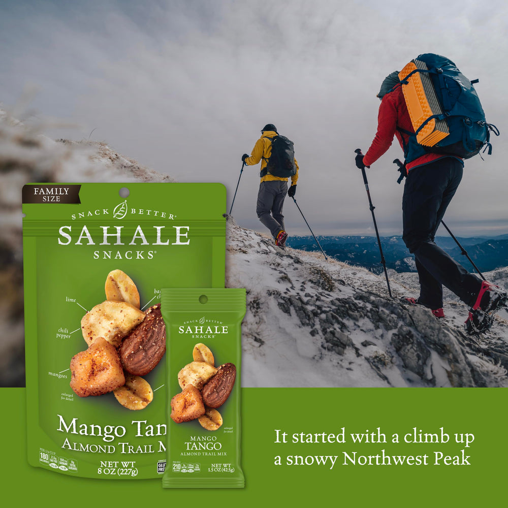 Sahale Snacks bolsa abierta con mezcla visible, práctica para comer al instante
