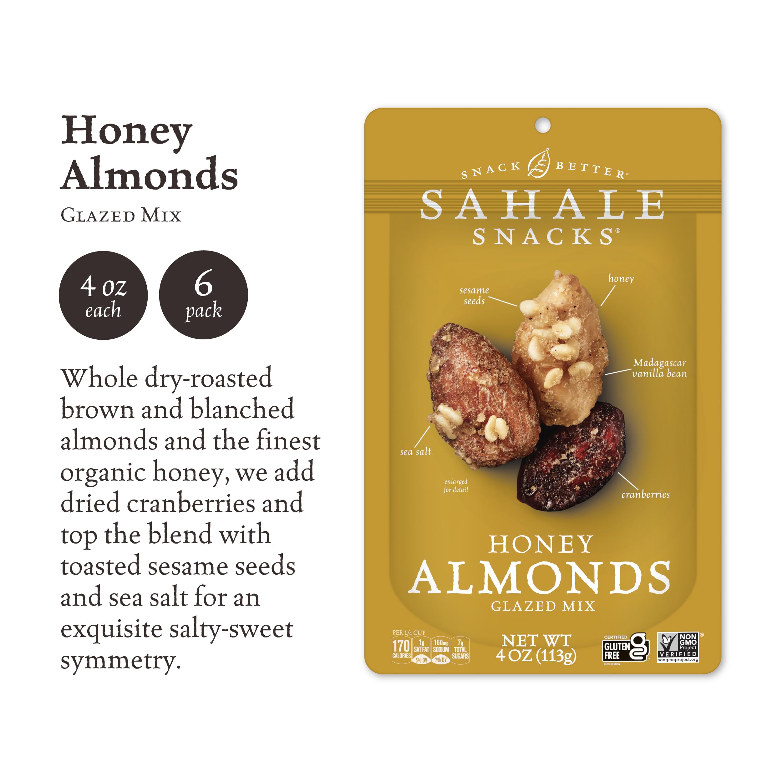 Sahale Snacks primer plano de almendras glaseadas con brillo de miel y crujido