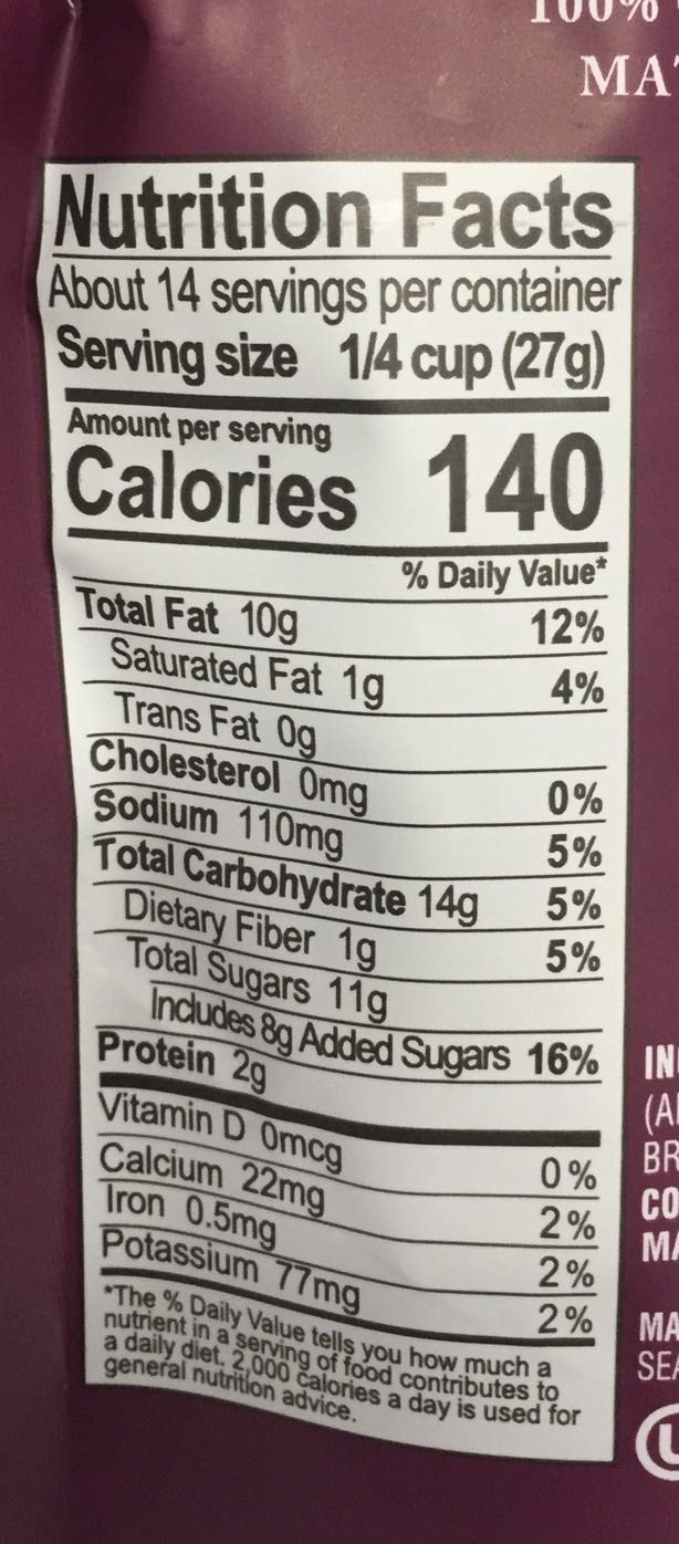 Sahale Snacks comparación de tamaño 13.3 oz junto a una taza para escala