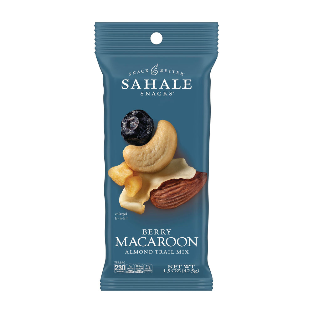Sahale Snacks frente del empaque mostrando bolsitas prácticas y diseño atractivo