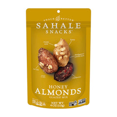 Sahale Snacks frente del empaque mostrando pouches resellables y conveniencia