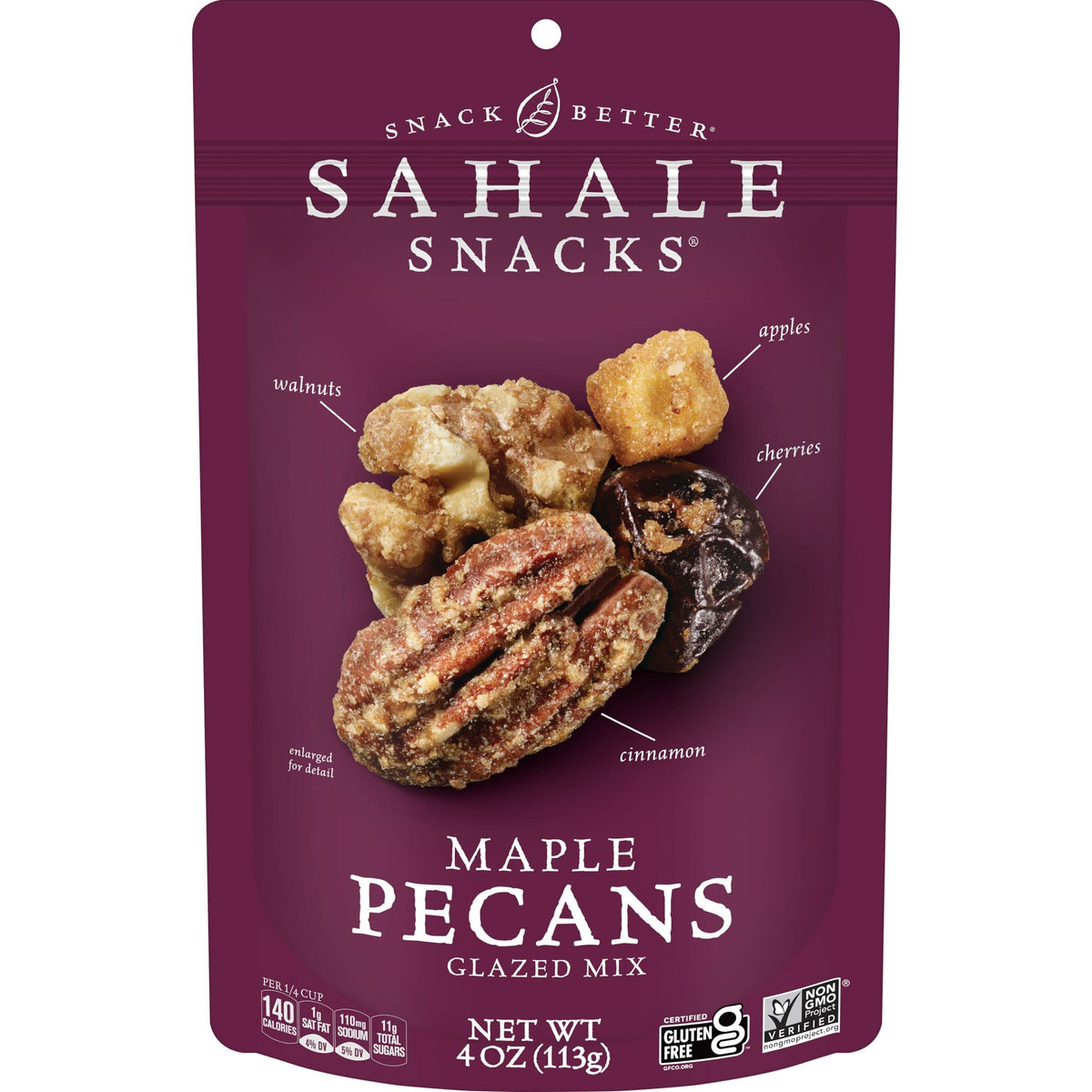 Sahale Snacks frente del empaque mostrando el paquete de 4 oz y el sello gluten free