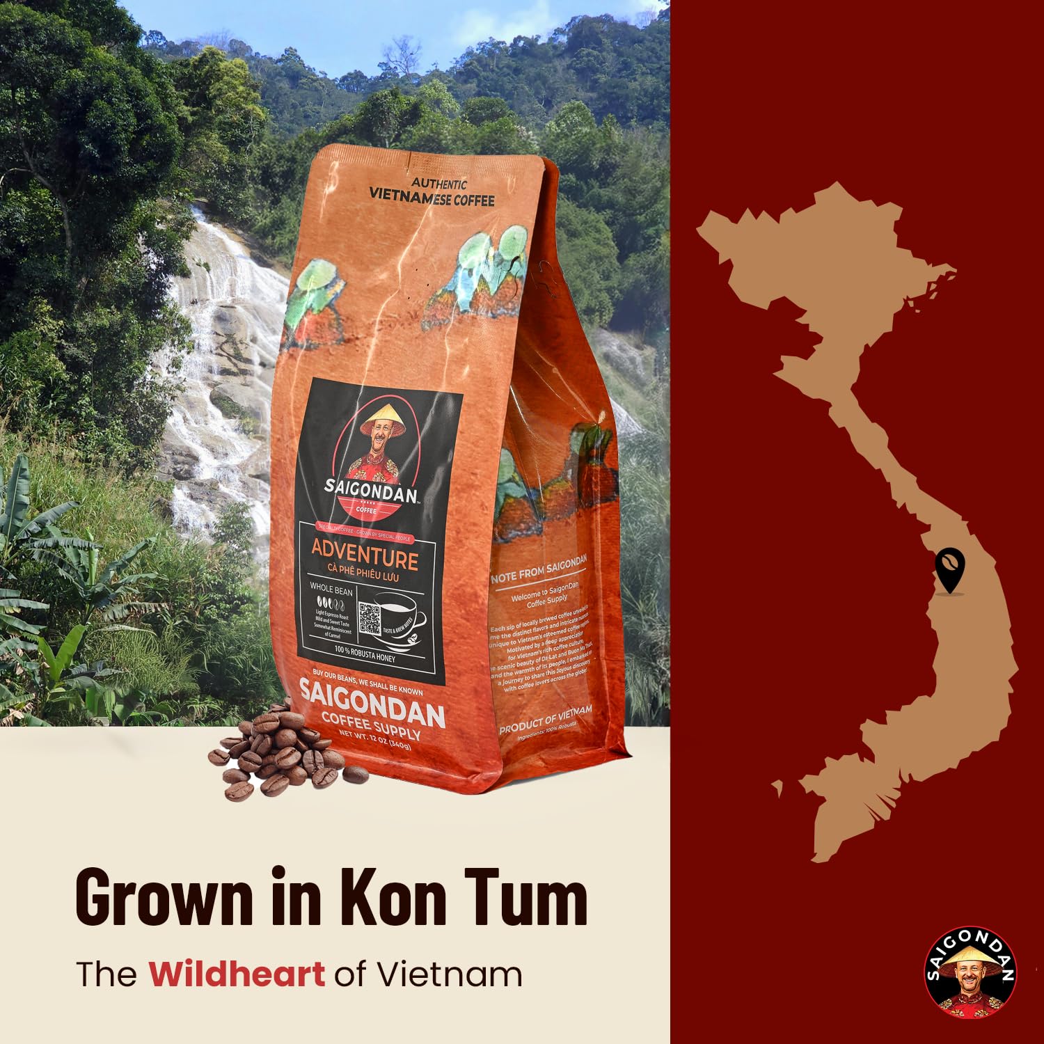 Saigondan paquete de 12 oz en mano para comparar tamaño y escala