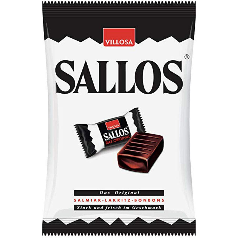 SALLOS paquete frontal mostrando regaliz masticable, sabor clásico y práctico