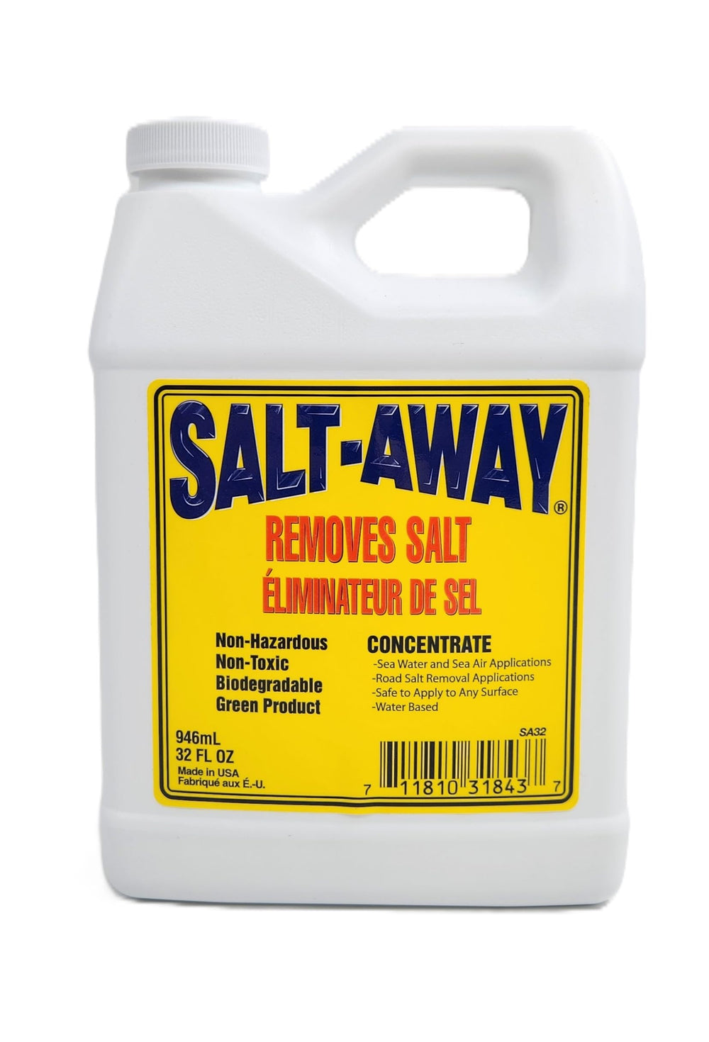 Salt-Away frasco frontal mostrando etiqueta y volumen, facilita reposición
