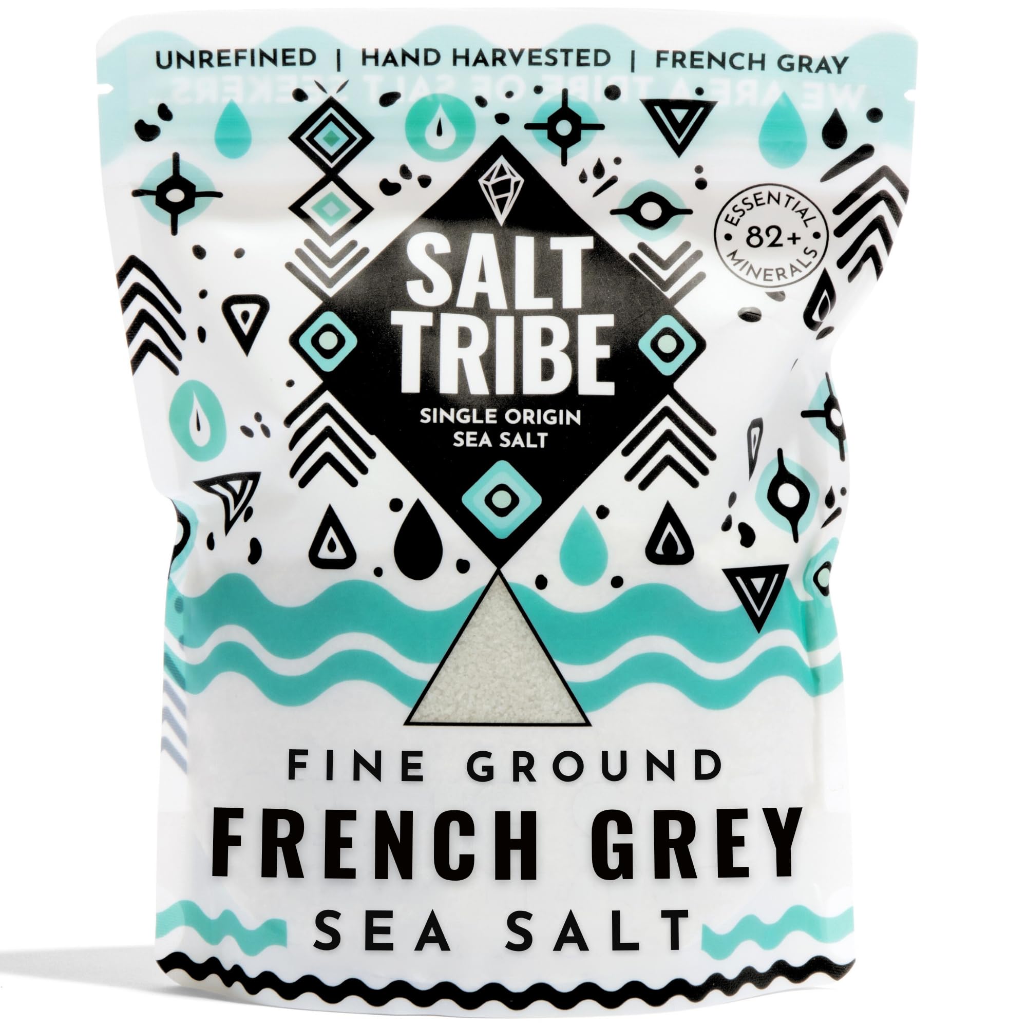 Salt Tribe envase frontal mostrando 15 oz y origen Bretaña, beneficio autenticidad