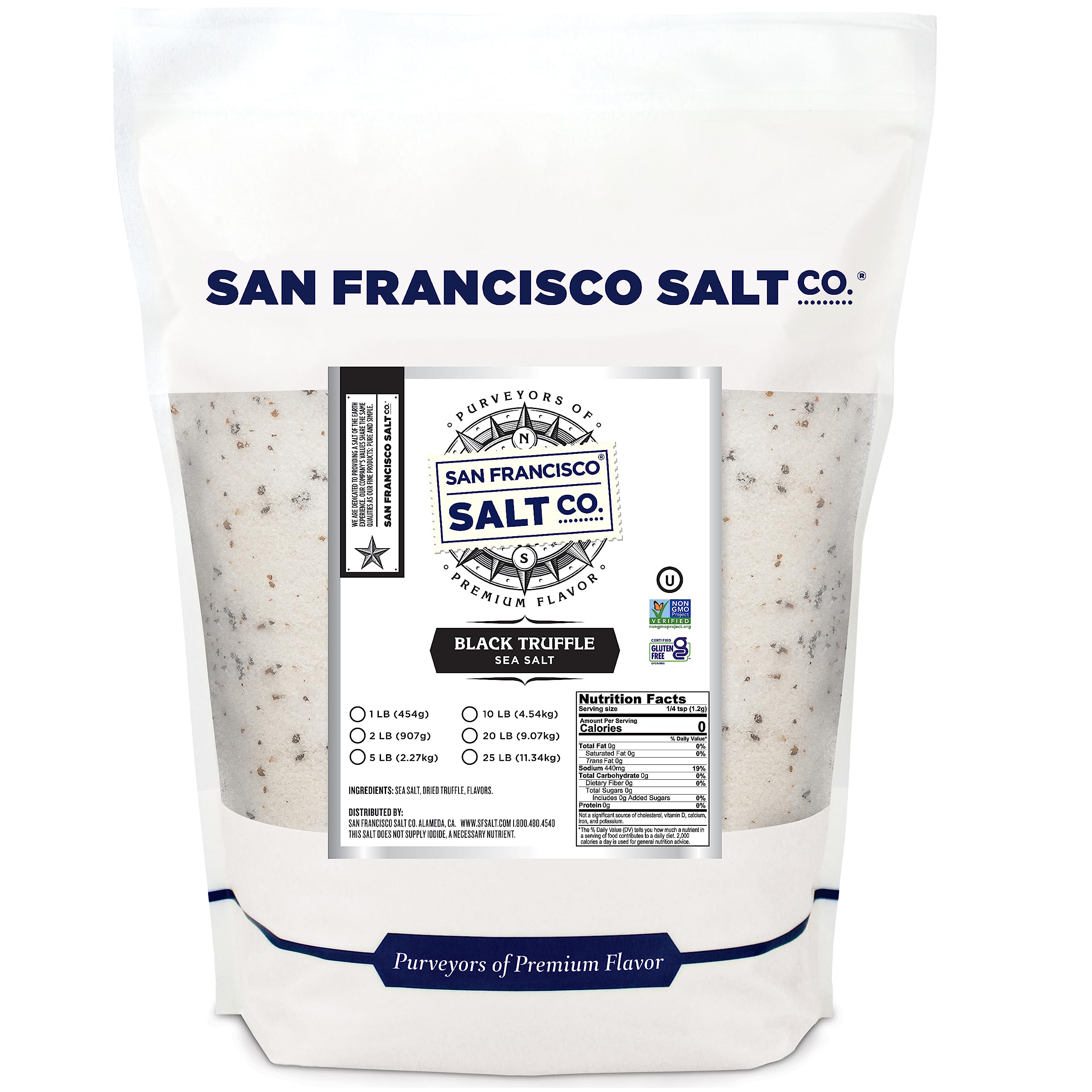 San Francisco Salt Company saco del producto al frente mostrando presentación y uso conveniente