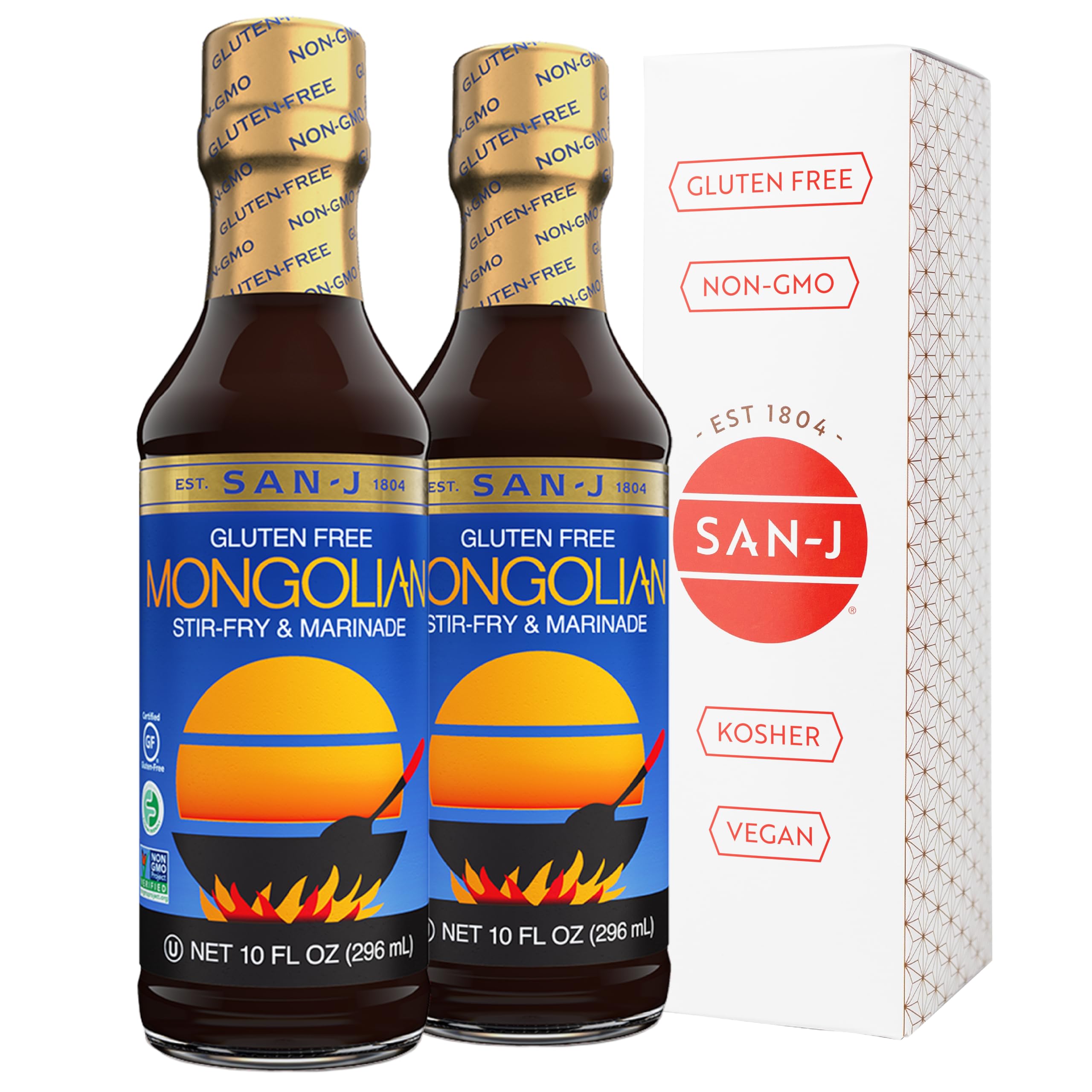 Botella San-J Mongolian Sauce vista frontal mostrando tamaño 10 oz y diseño de etiqueta, conveniencia inmediata