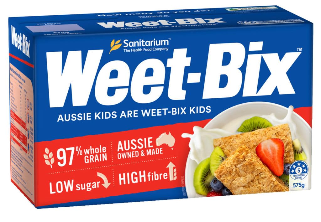 Sanitarium Weet-Bix frente del paquete mostrando tamaño y etiqueta beneficiosa