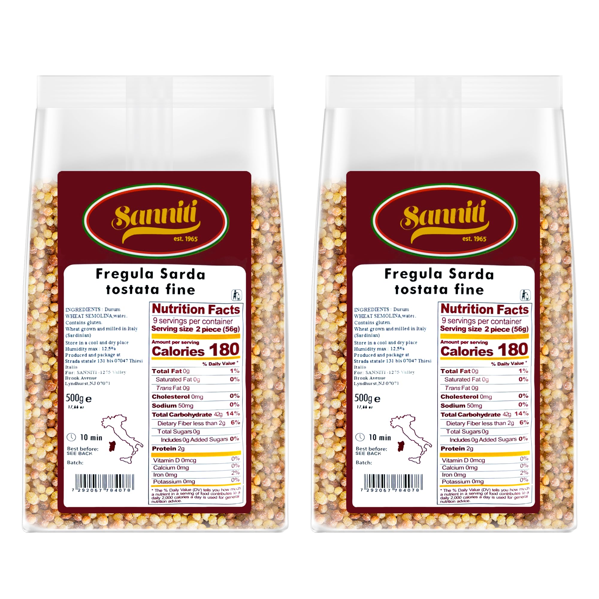 Sanniti frente del empaque de fregola sarda orgánica, ahorro y conveniencia