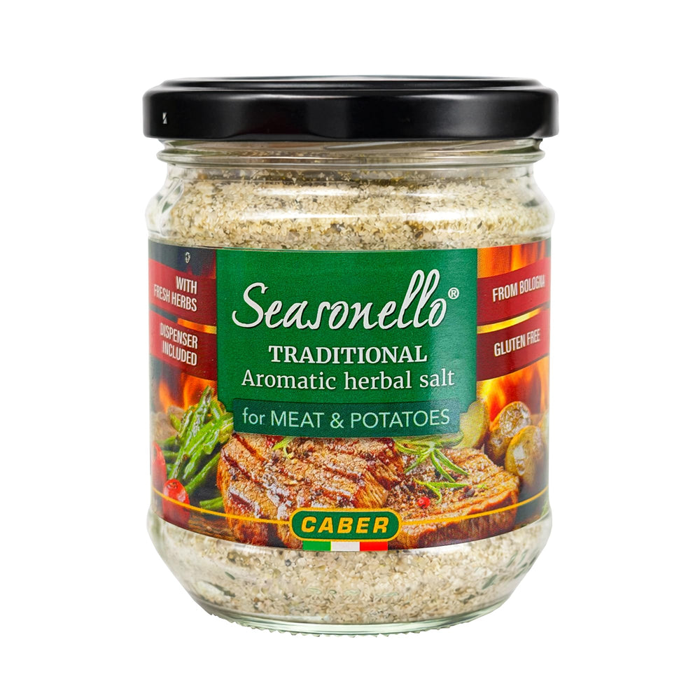 Sanniti Seasonello vista cercana de la textura fina del sal aromático, facilita dosado uniforme