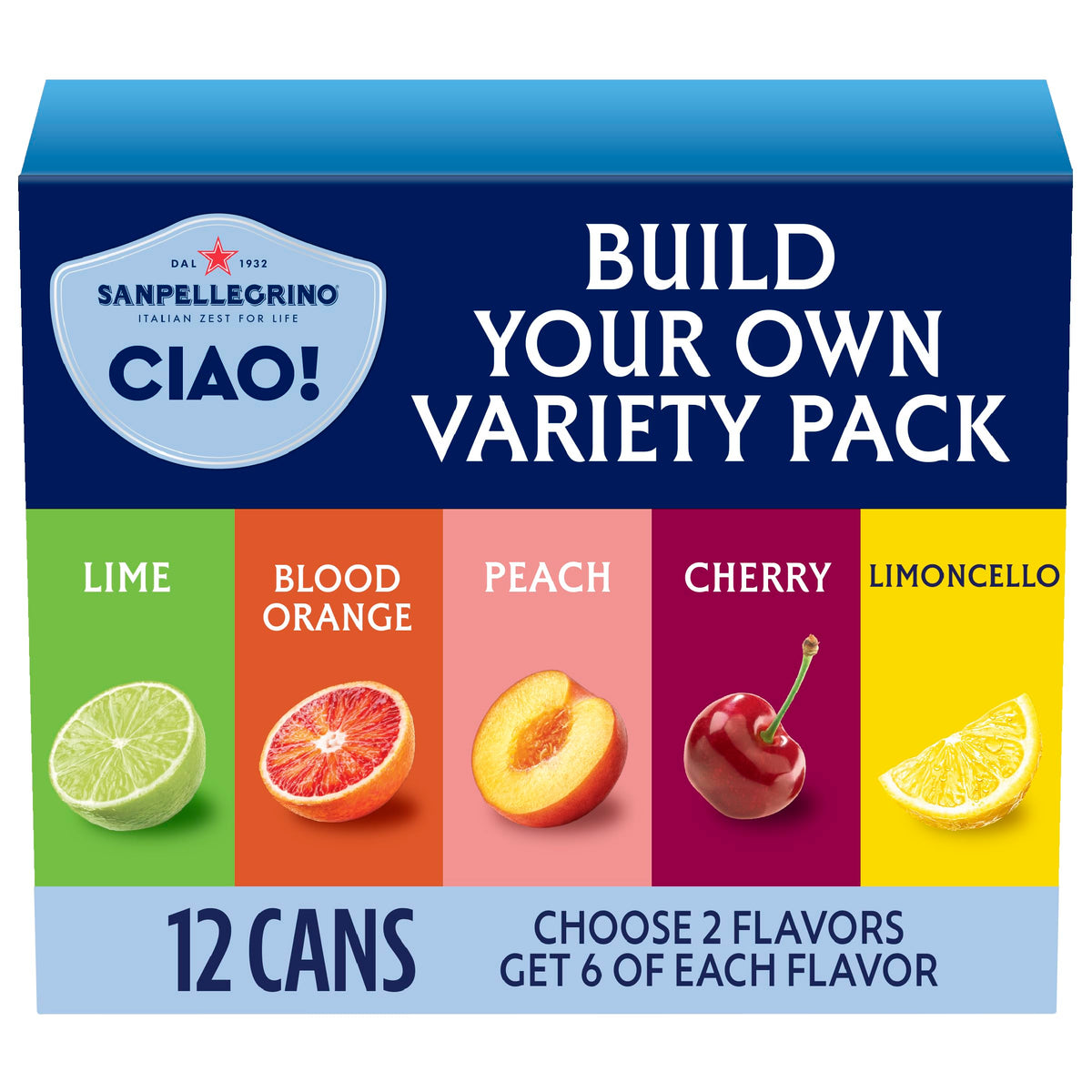 Sanpellegrino CIAO pack frontal mostrando diseño y variedad, refresco listo para servir