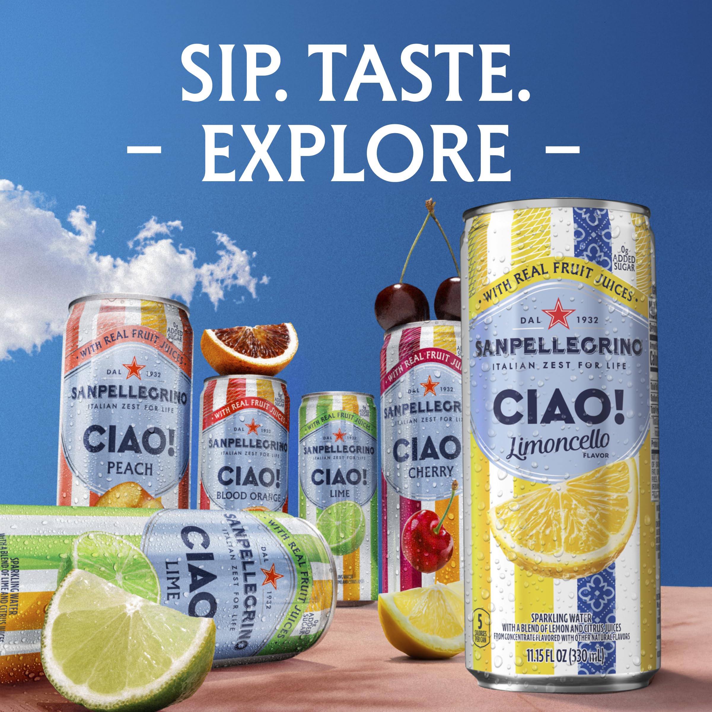 Cuatro latas de Sanpellegrino CIAO lado a lado mostrando sabores y opciones