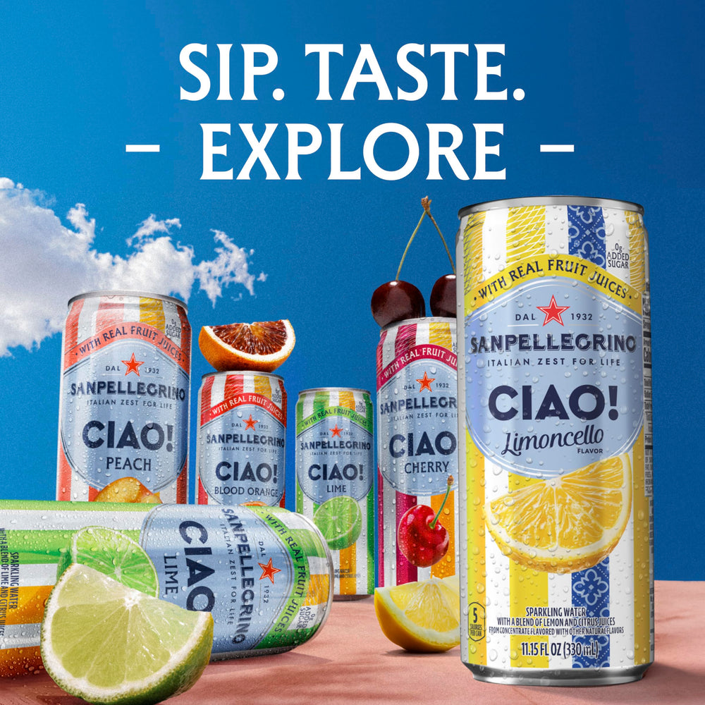 Cuatro latas de Sanpellegrino CIAO lado a lado mostrando sabores y opciones