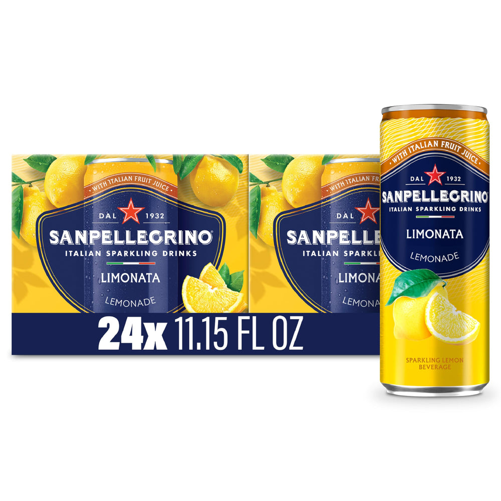 Sanpellegrino frente del pack de 24 latas, refresco listo para eventos