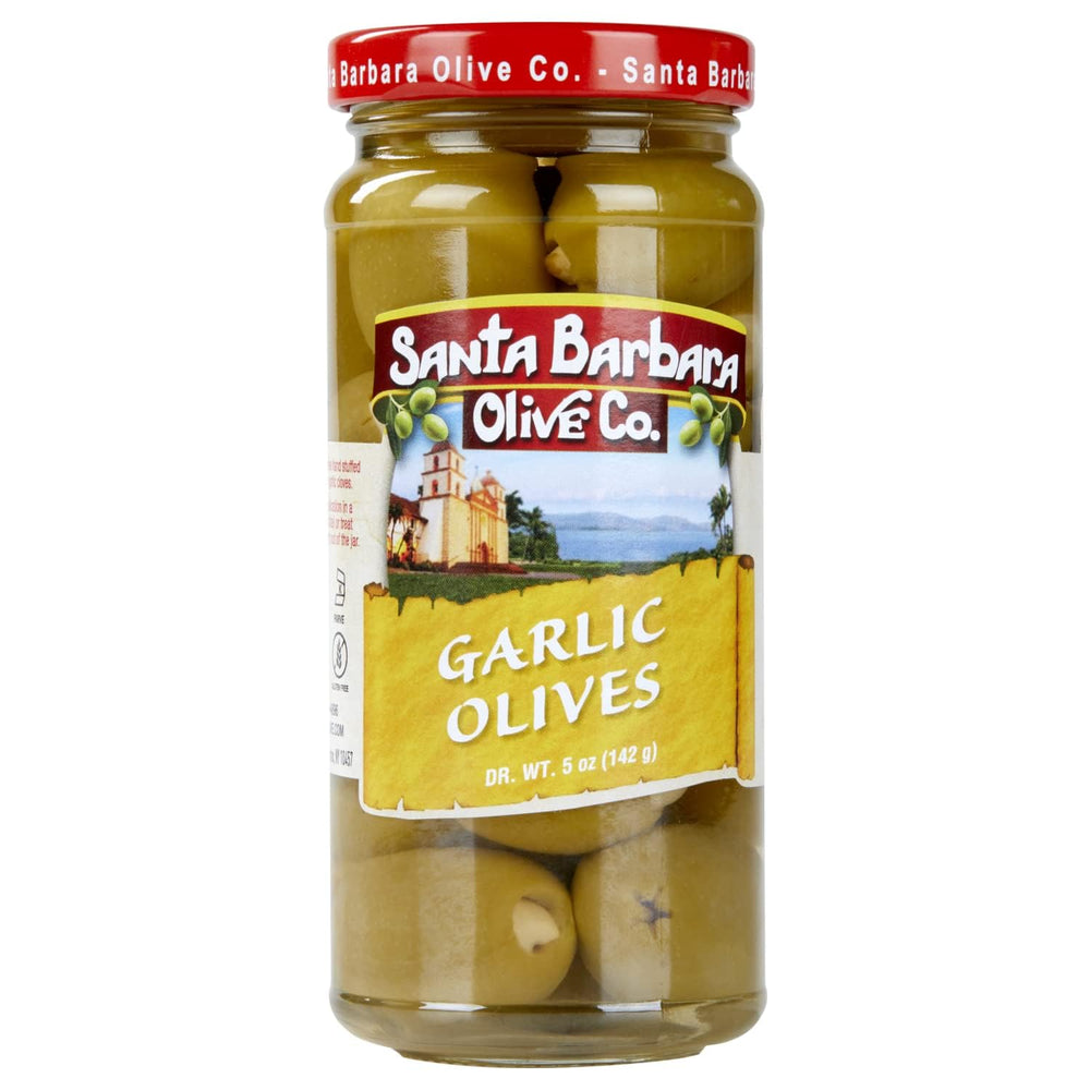 Santa Barbara Olive Co primer plano del relleno de ajo azul resaltando textura crujiente