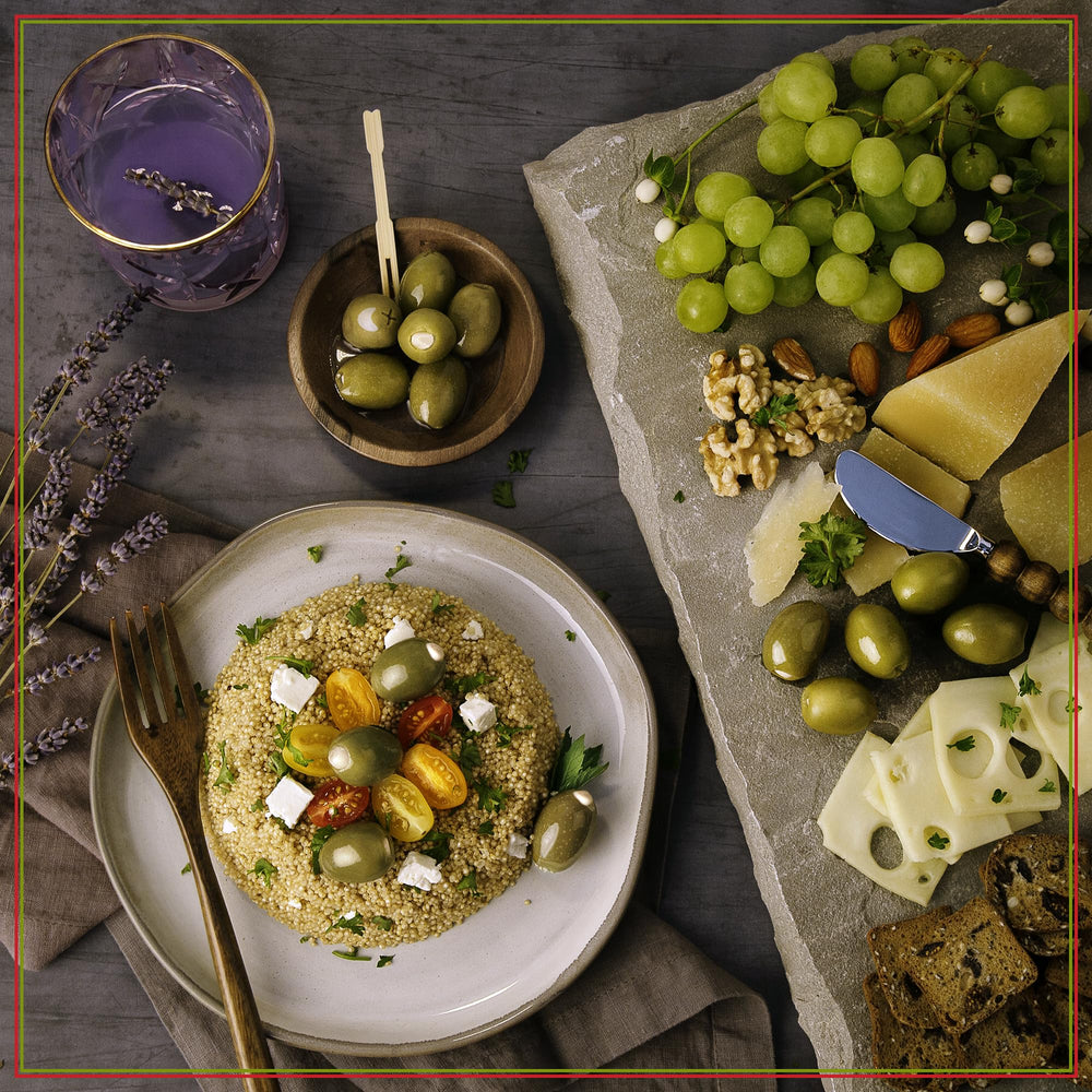 Santa Barbara Olive Co etiqueta del frasco con detalles de producto y diseño premium