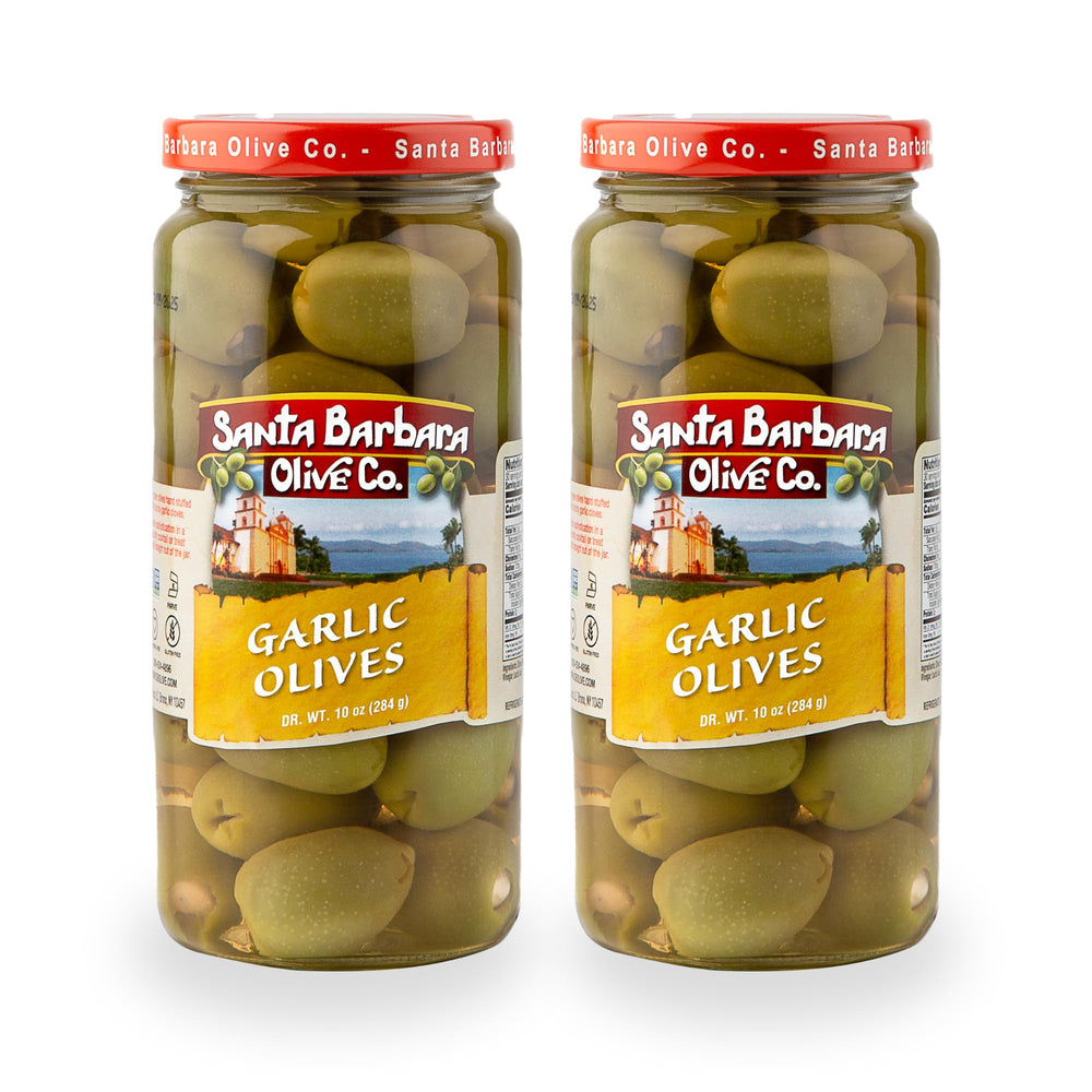 Santa Barbara Olive Co frasco frente mostrando aceitunas rellenas y presentación premium