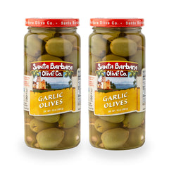 Santa Barbara Olive Co frasco frente mostrando aceitunas rellenas y presentación premium