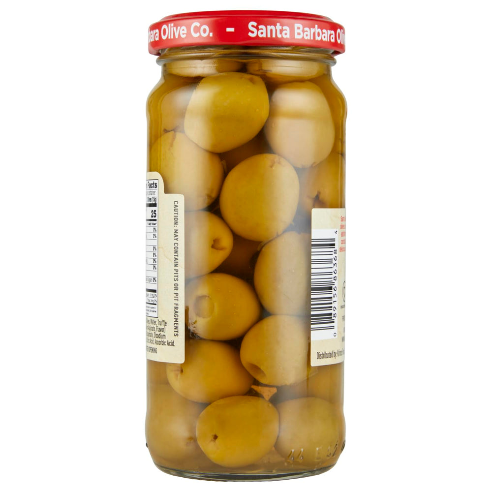 SANTA BARBARA OLIVE CO frasco junto a una copa para comparar tamaño y uso