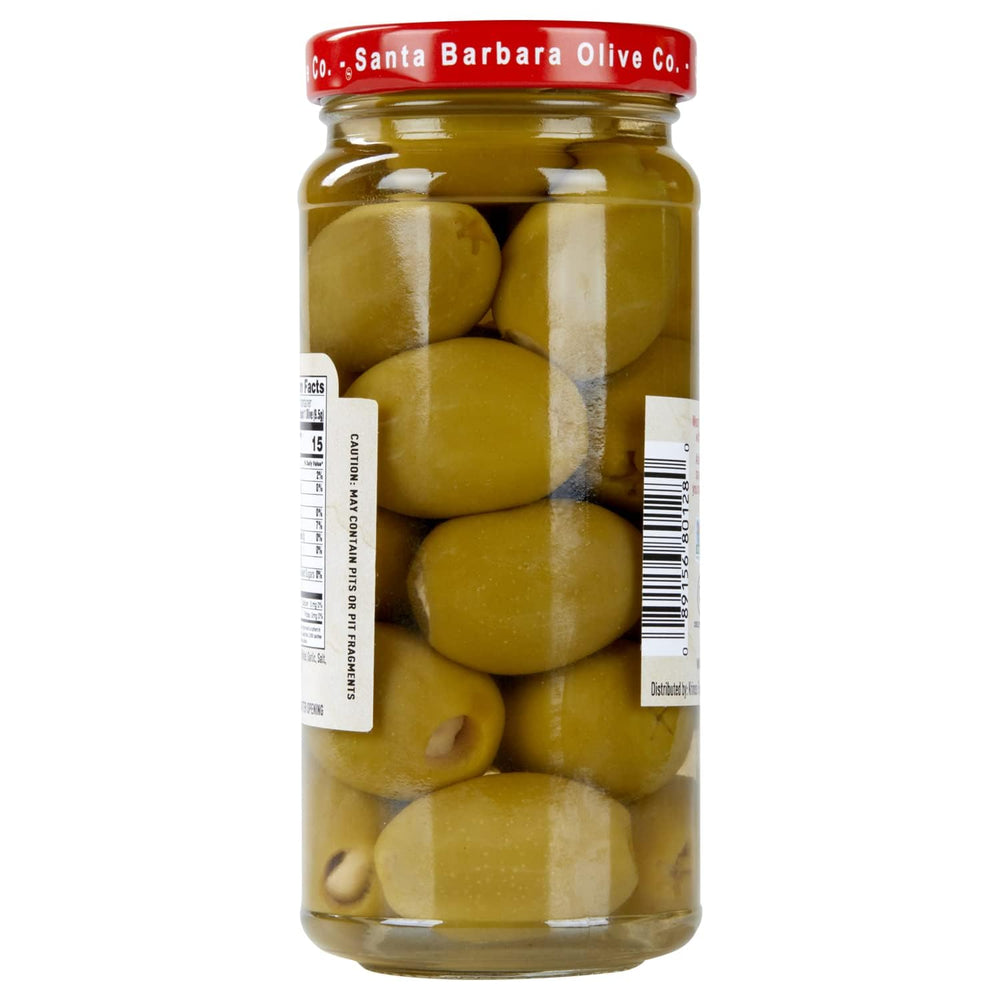 Santa Barbara Olive Co vista de aceituna abierta mostrando tamaño grande y carne firme