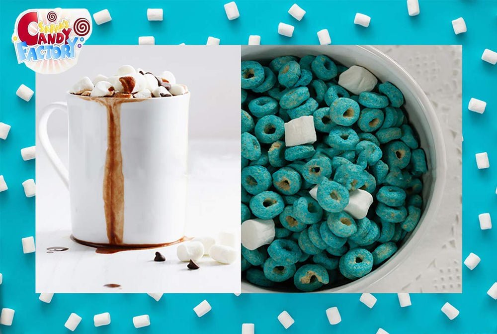 Sarah's Candy Factory mini marshmallows sobre cacao caliente aportando espuma