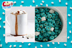 Sarah's Candy Factory mini marshmallows sobre cacao caliente aportando espuma