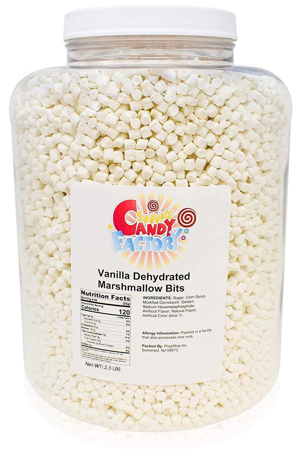 Sarah's Candy Factory frasco frontal mostrando mini marshmallows y conveniencia