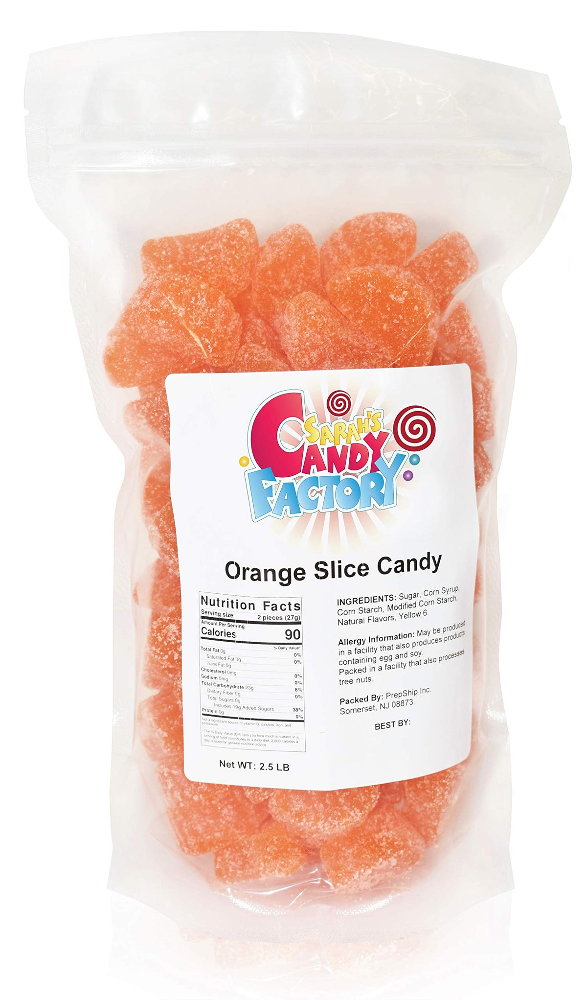 Sarah's Candy Factory frente del empaque mostrando bolsa resealable y cantidad