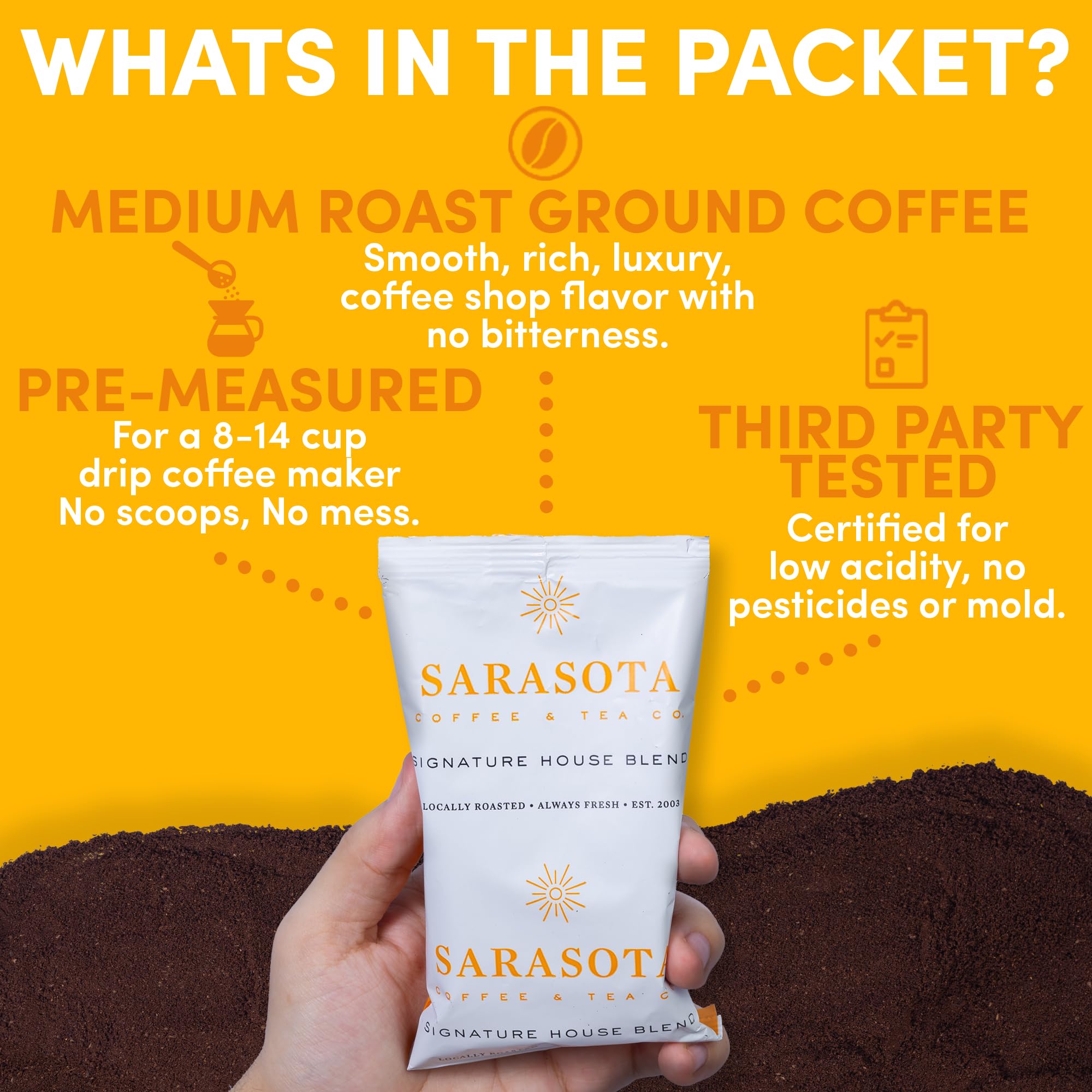 SARASOTA COFFEE sobre vertido en filtro de cafetera, fácil uso sin medir