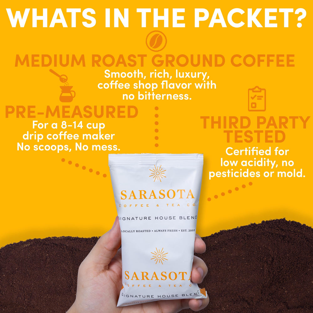 SARASOTA COFFEE sobre vertido en filtro de cafetera, fácil uso sin medir