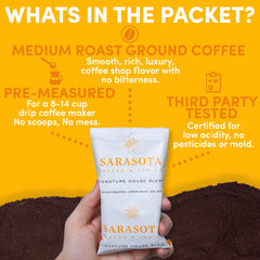 SARASOTA COFFEE sobre vertido en filtro de cafetera, fácil uso sin medir