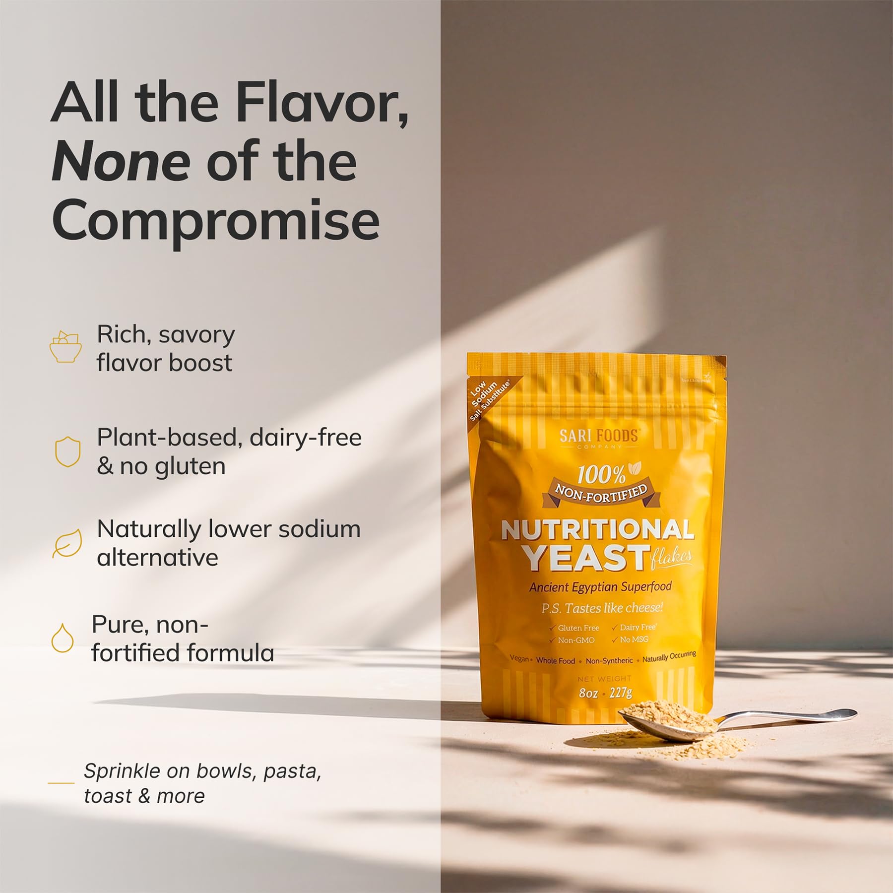 Sari Foods envase junto a utensilios, muestra tamaño y rendimiento
