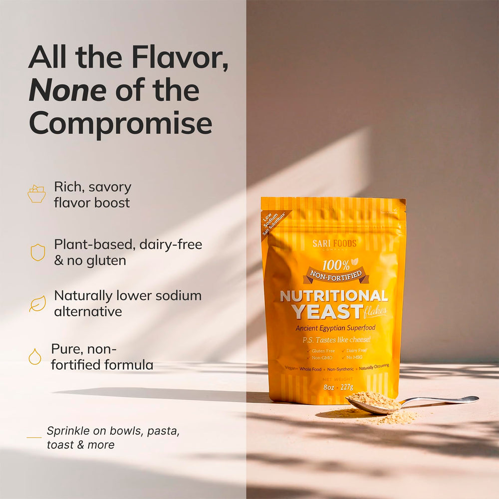 Sari Foods envase junto a utensilios, muestra tamaño y rendimiento