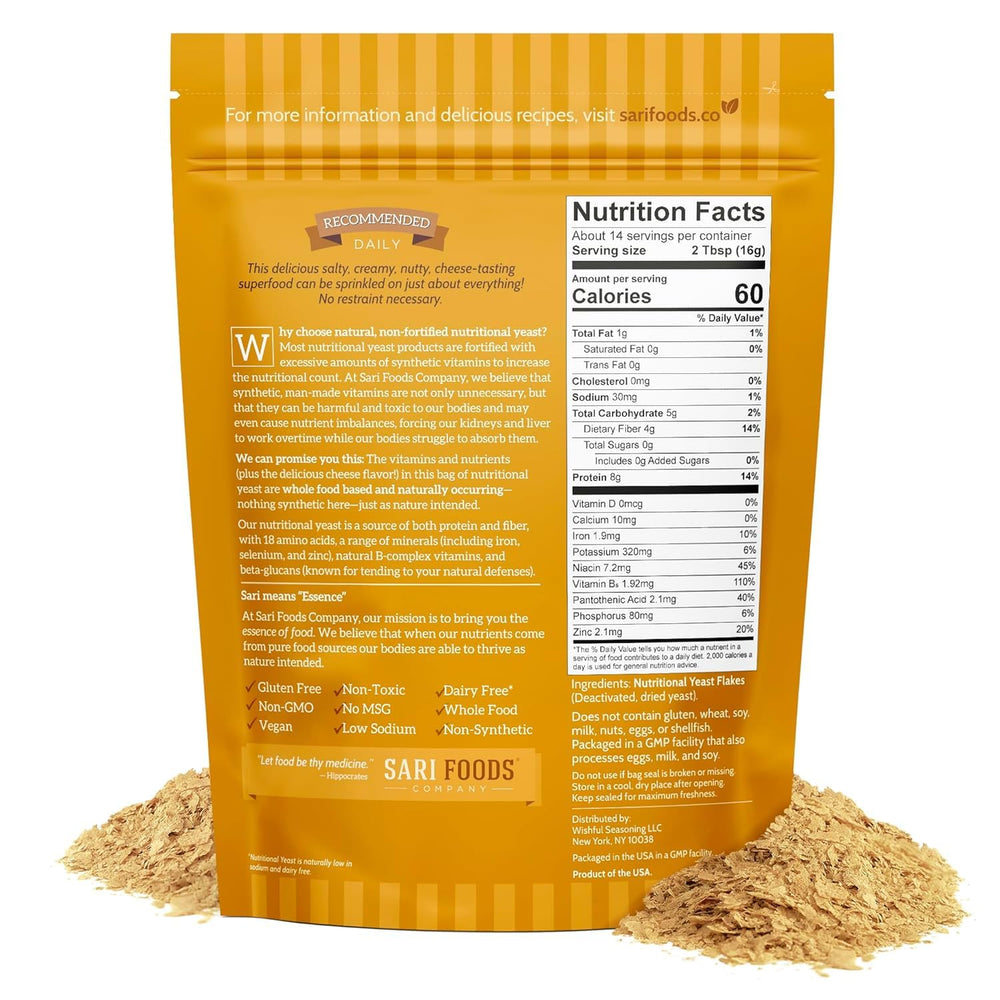 Sari Foods copos de levadura en primer plano, textura nutritiva y natural