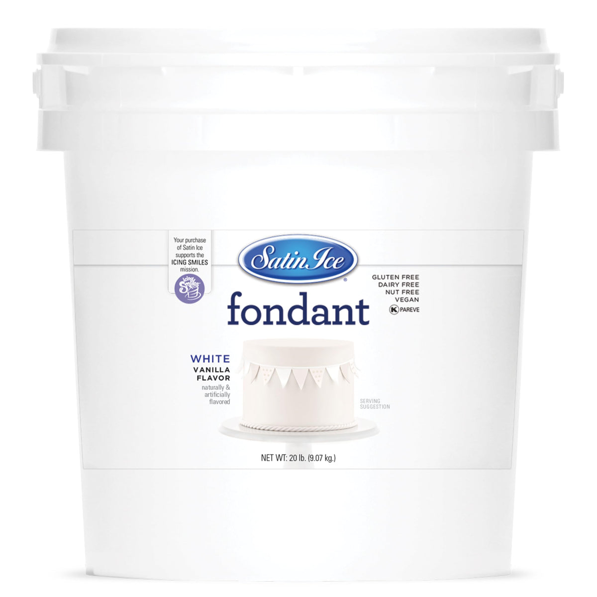 Satin Ice empaque frontal blanco mostrando 20 libras y ventaja de gran cantidad