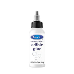 Satin Ice pegamento comestible frontal muestra botella y aplicador útil