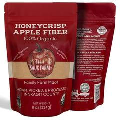 Sauk Farm empaque frontal mostrando bolsa de 8 oz y marca, fácil identificación