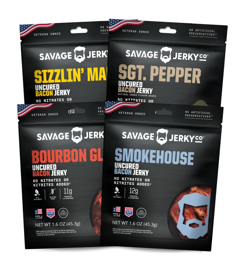 Savage Jerky Co. paquete frente muestra cuatro sabores de tocino, snack portable