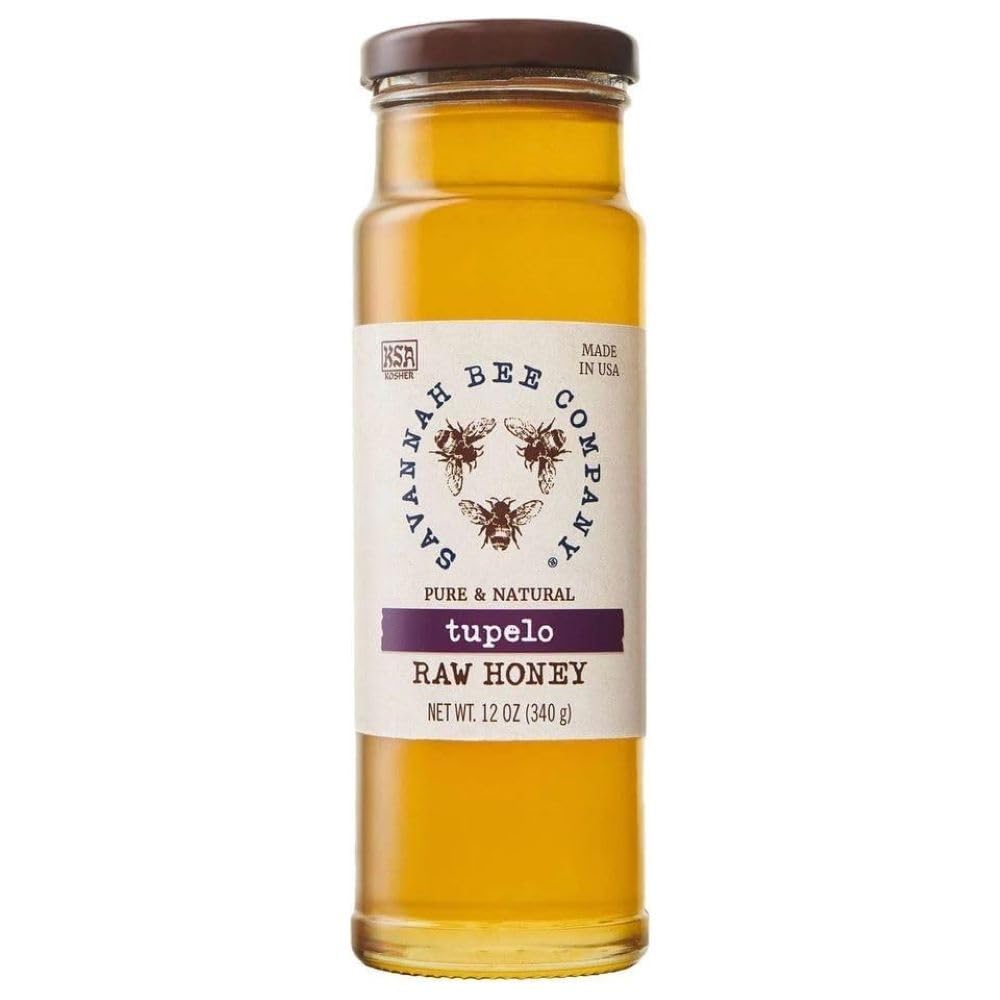Savannah Bee Company frasco delantero mostrando miel Tupelo pura y dorada