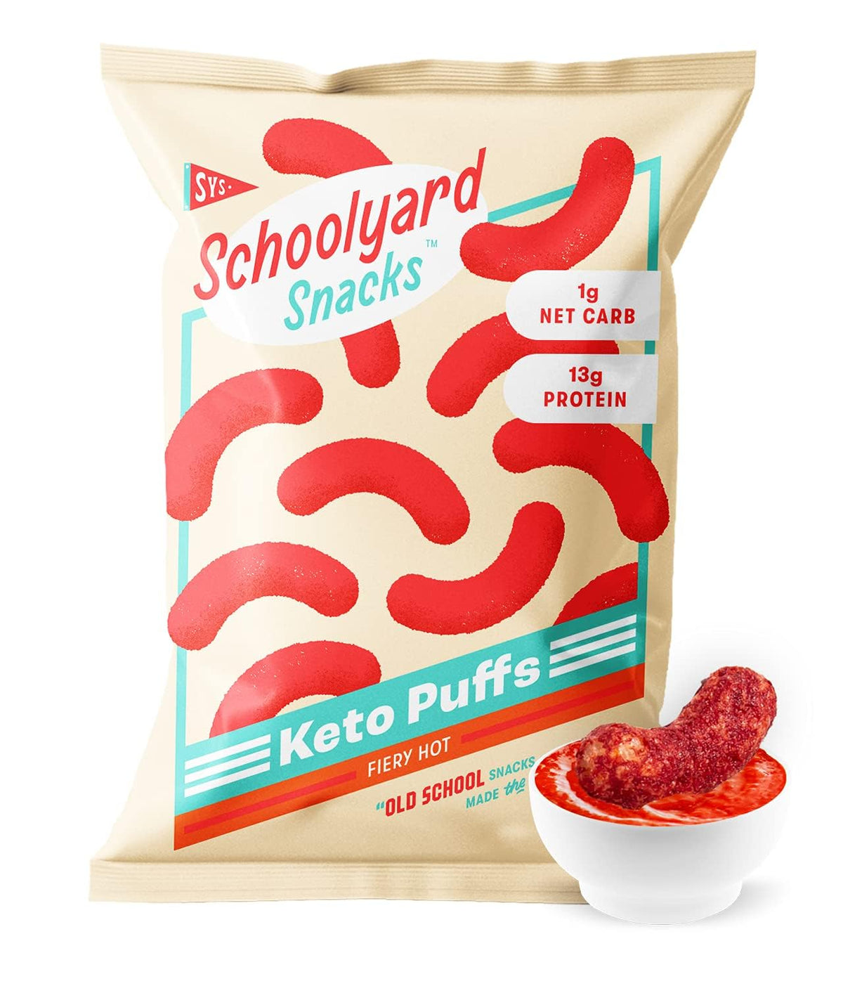 Schoolyard Snacks frente del empaque mostrando sabor Fiery Hot y beneficios keto