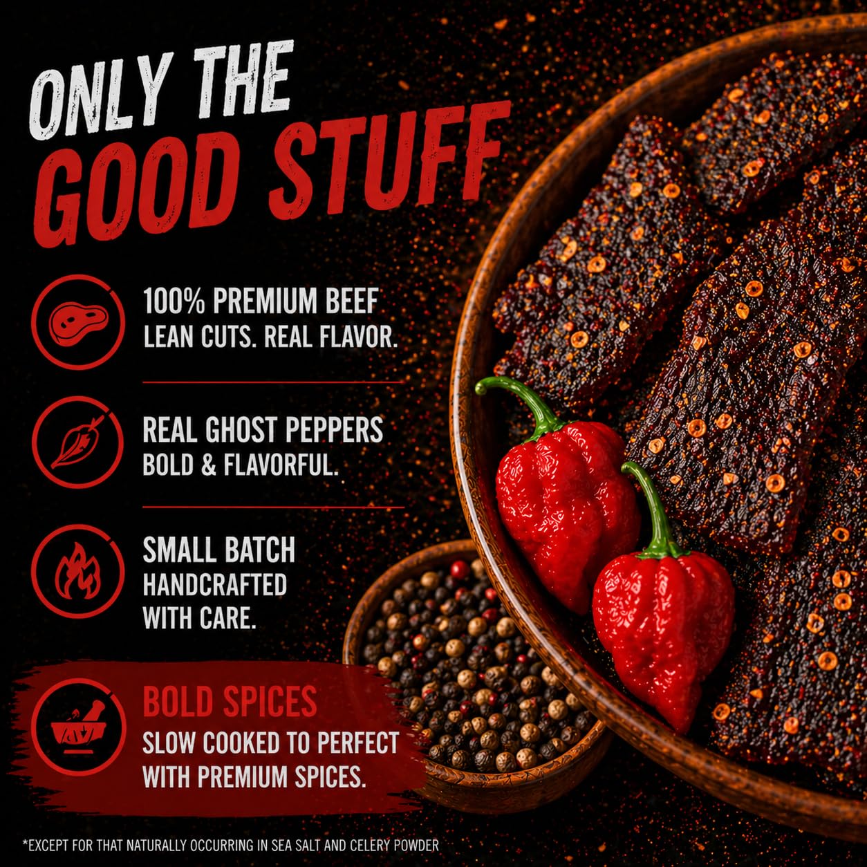Scorchy's Jerky etiqueta con ingredientes y origen americano claro