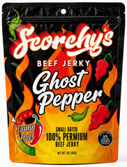 Scorchy's Jerky con empaque frontal mostrando tamaño y advertencia de picante