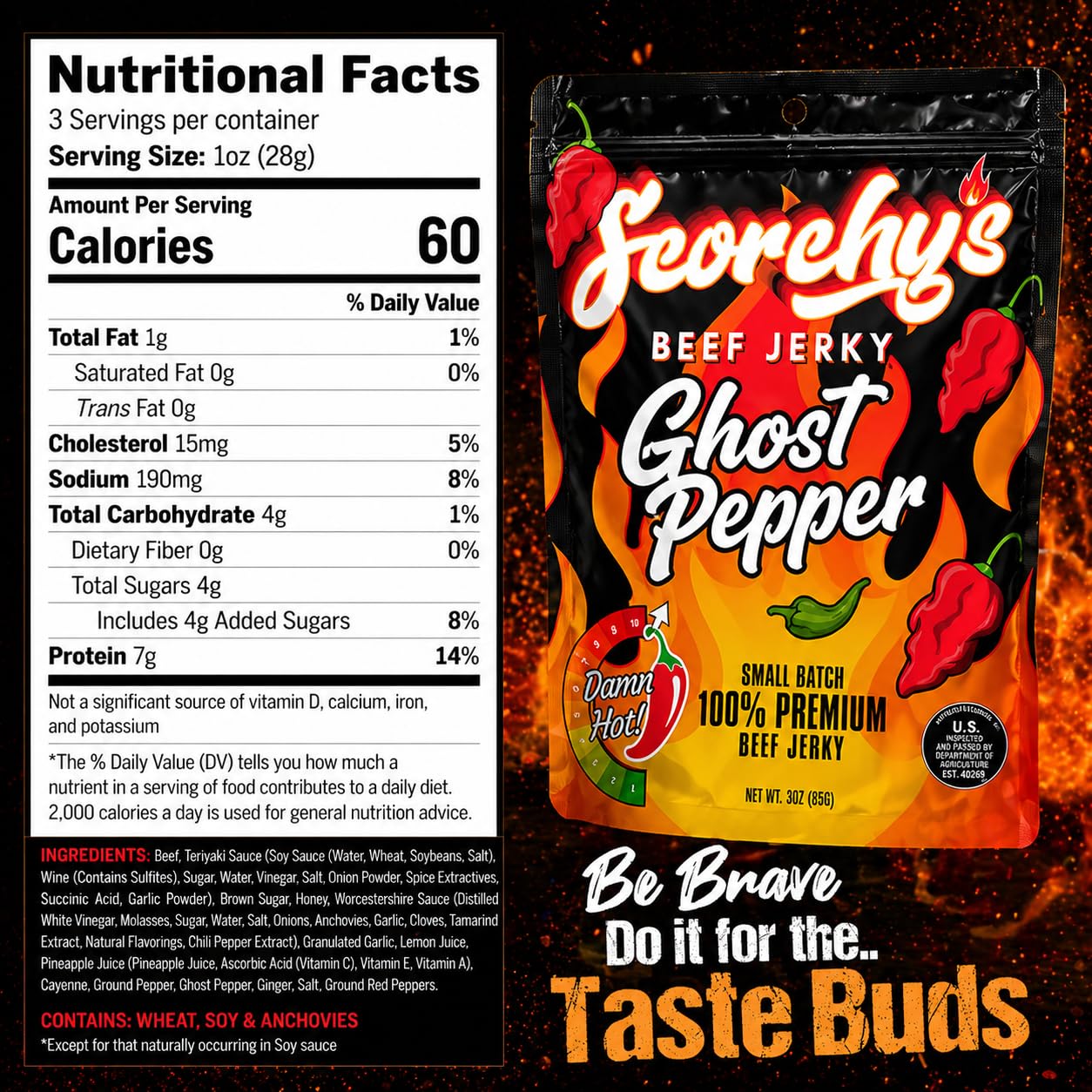 Scorchy's Jerky pimientos Carolina Reaper junto a tiras, sabor intenso