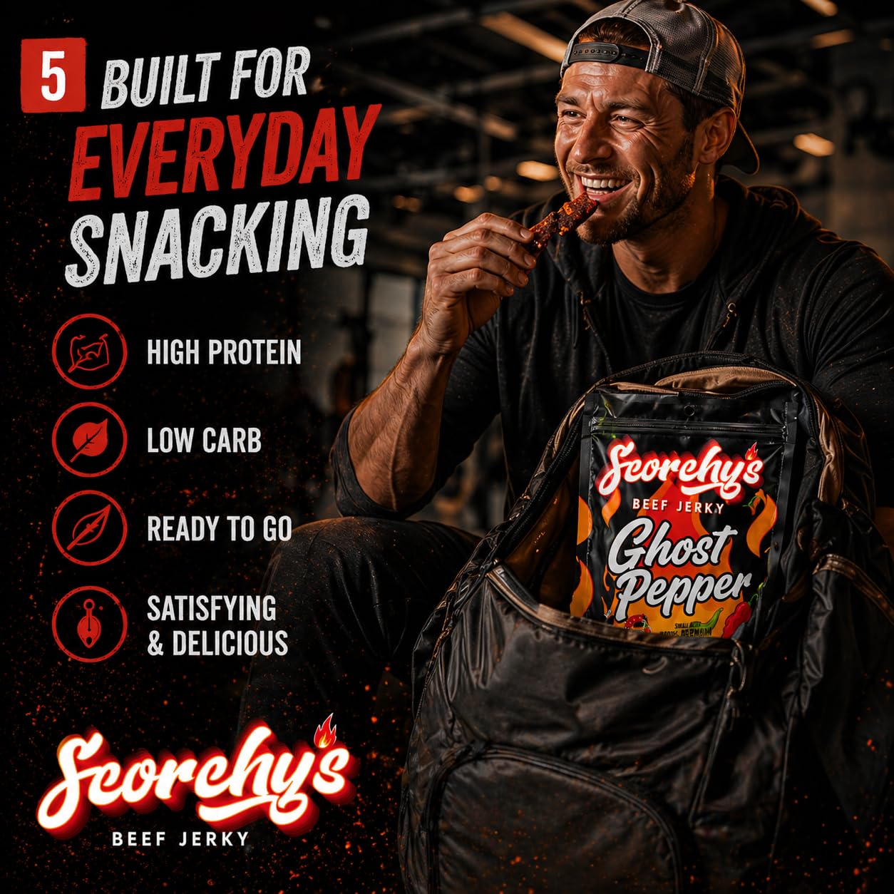 Scorchy's Jerky porción sobre tabla, alta proteína y baja grasa