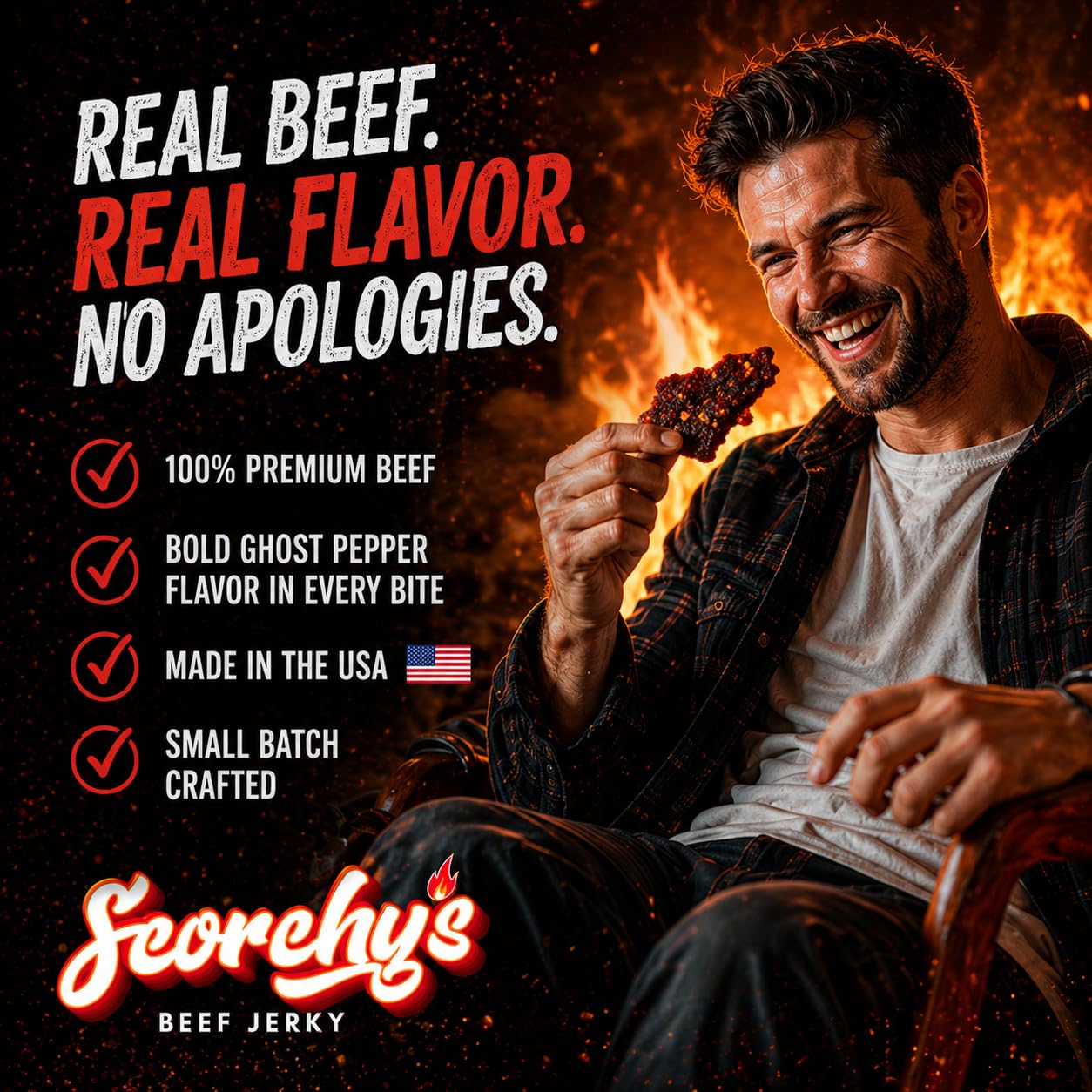 Scorchy's Jerky tiras masticables mostrando textura y jugosidad
