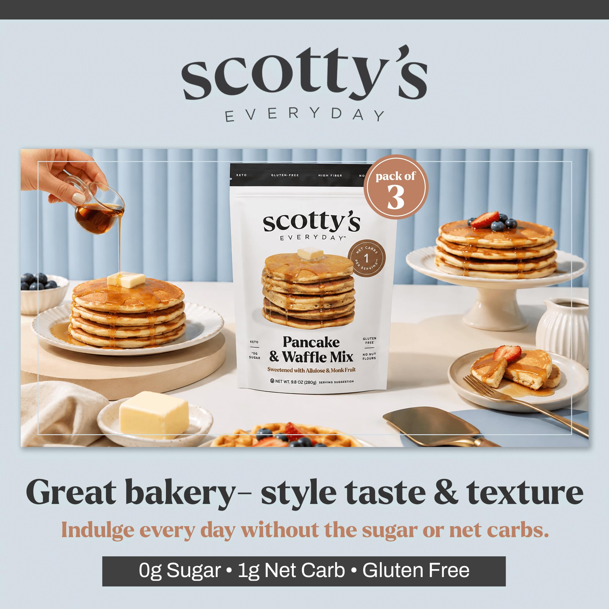 Scotty's Everyday pancake servido con topping mostrando sabor y bajo carbohidrato