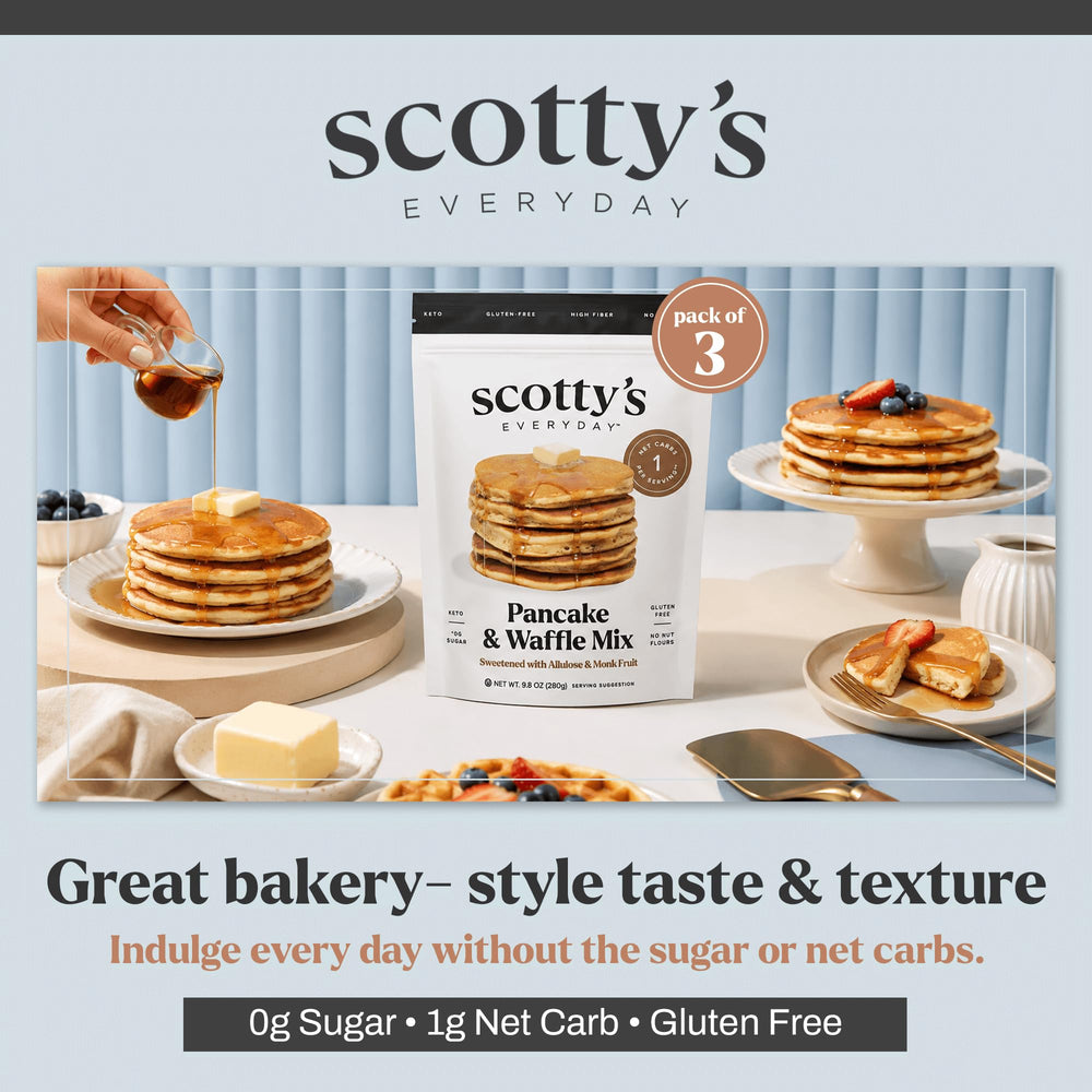 Scotty's Everyday pancake servido con topping mostrando sabor y bajo carbohidrato