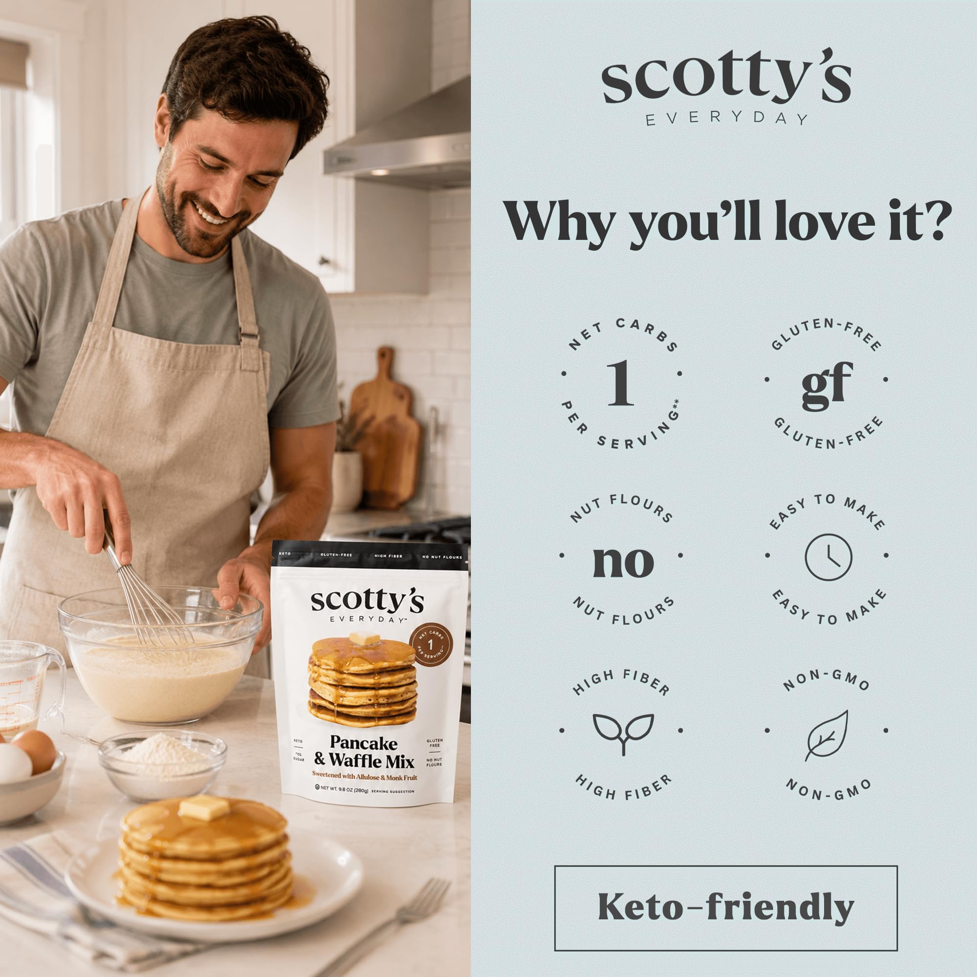 Scotty's Everyday waffle recién hecho en waflera demostrando dorado y esponjosidad